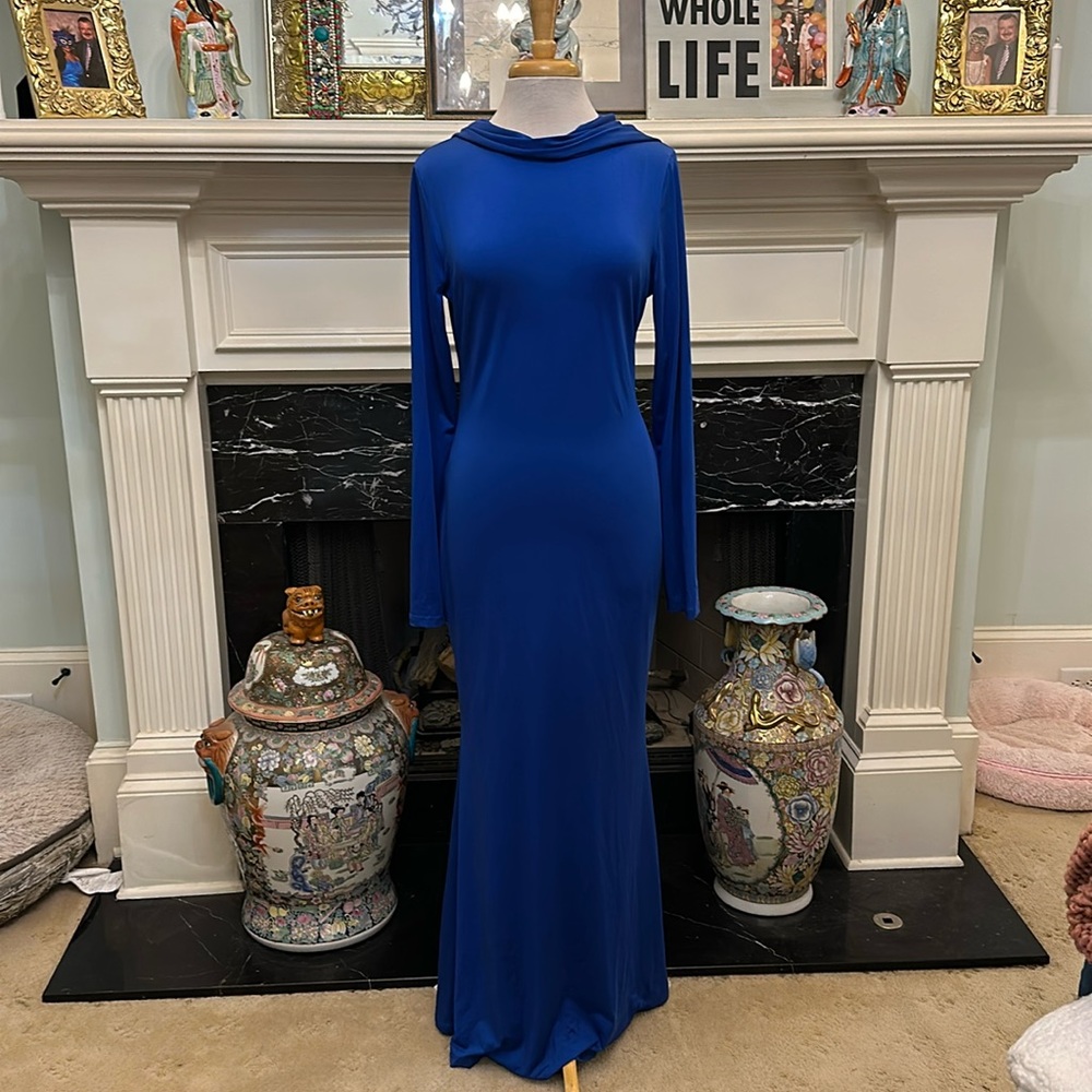 NWOT beautiful carbon blue hooded Bodycon maxi dress